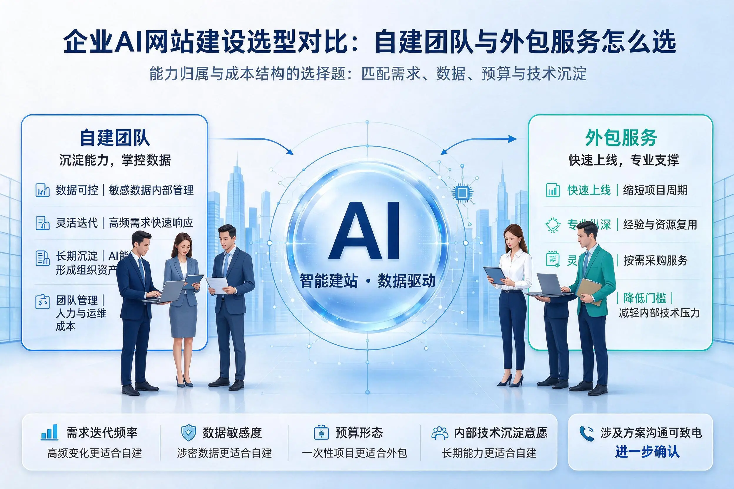 重庆郊县企业AI网站建设选型对比:自建团队与外包服务怎么选